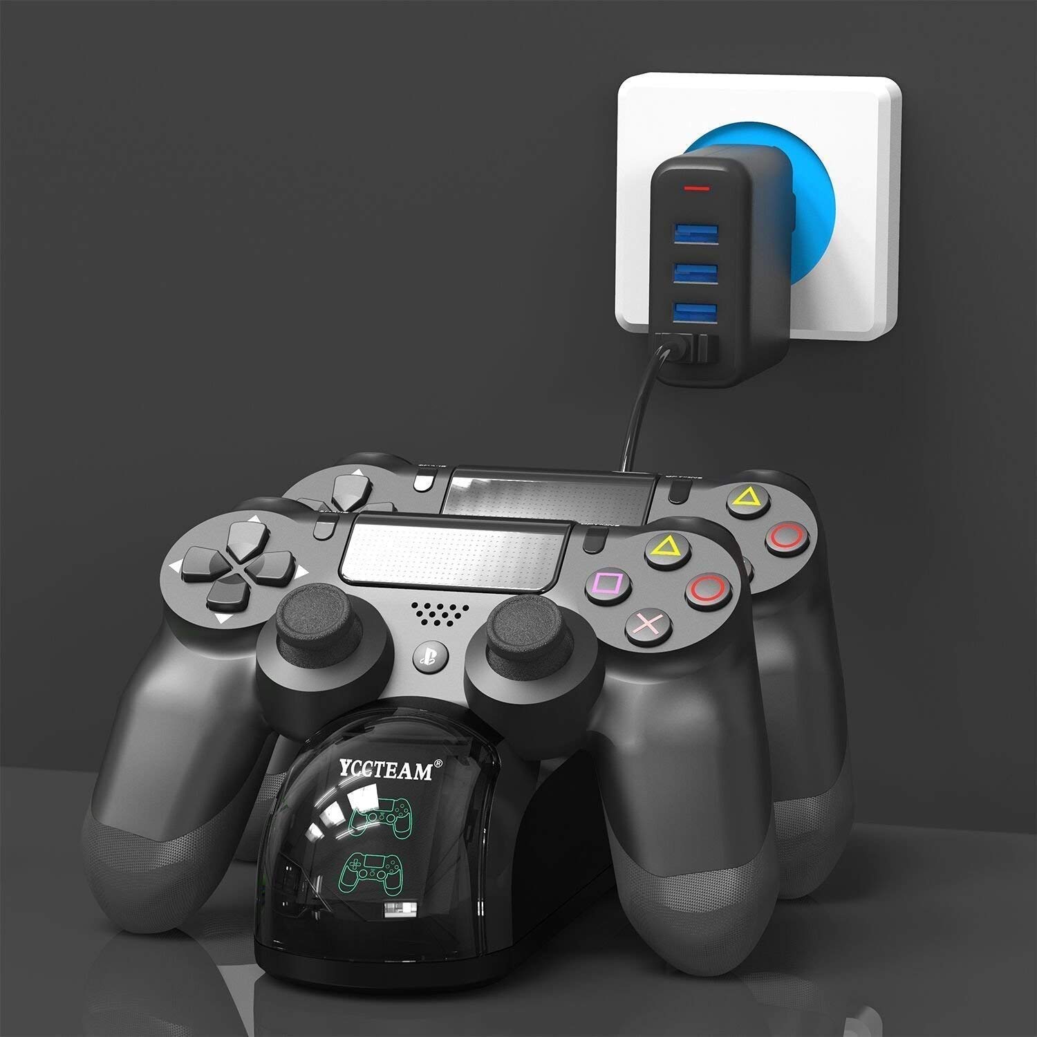 PS4 Controller Charger, Dual USB Fast Charging PS4 Controller Charging Station for Sony Playstation 4/PS4/PS4 Slim/PS4 Pro Controller with 4 Thumb Grips