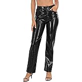 HDE Women's Shiny Metallic Faux Leather Pants High Waisted Straight Leg Trousers