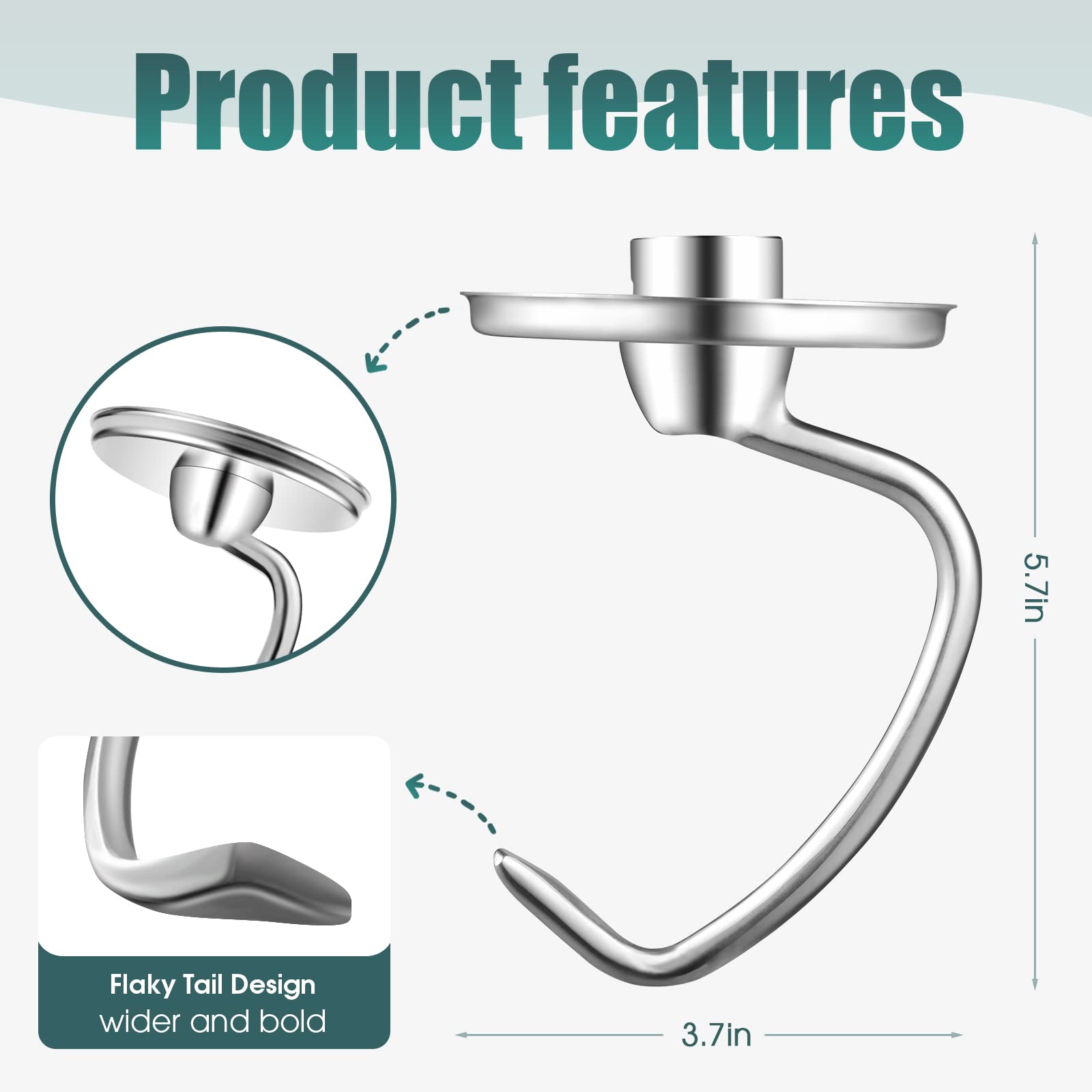 Stainless Steel Dough Hook K45DH Attachment for KitchenAid 4.5/5 Quart Tilt-Head Stand Mixer, Fit for Classic, Classic Plus and Artisan Serie K45SS, KSM75, KSM90, KSM95, KSM150, Dishwasher Safe