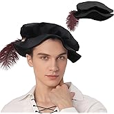 Cdecgo Medieval Tudor Hat with Feather Renaissance Muffin Flat Cap for Minstrel Elizabethan Mens Costume Accessories