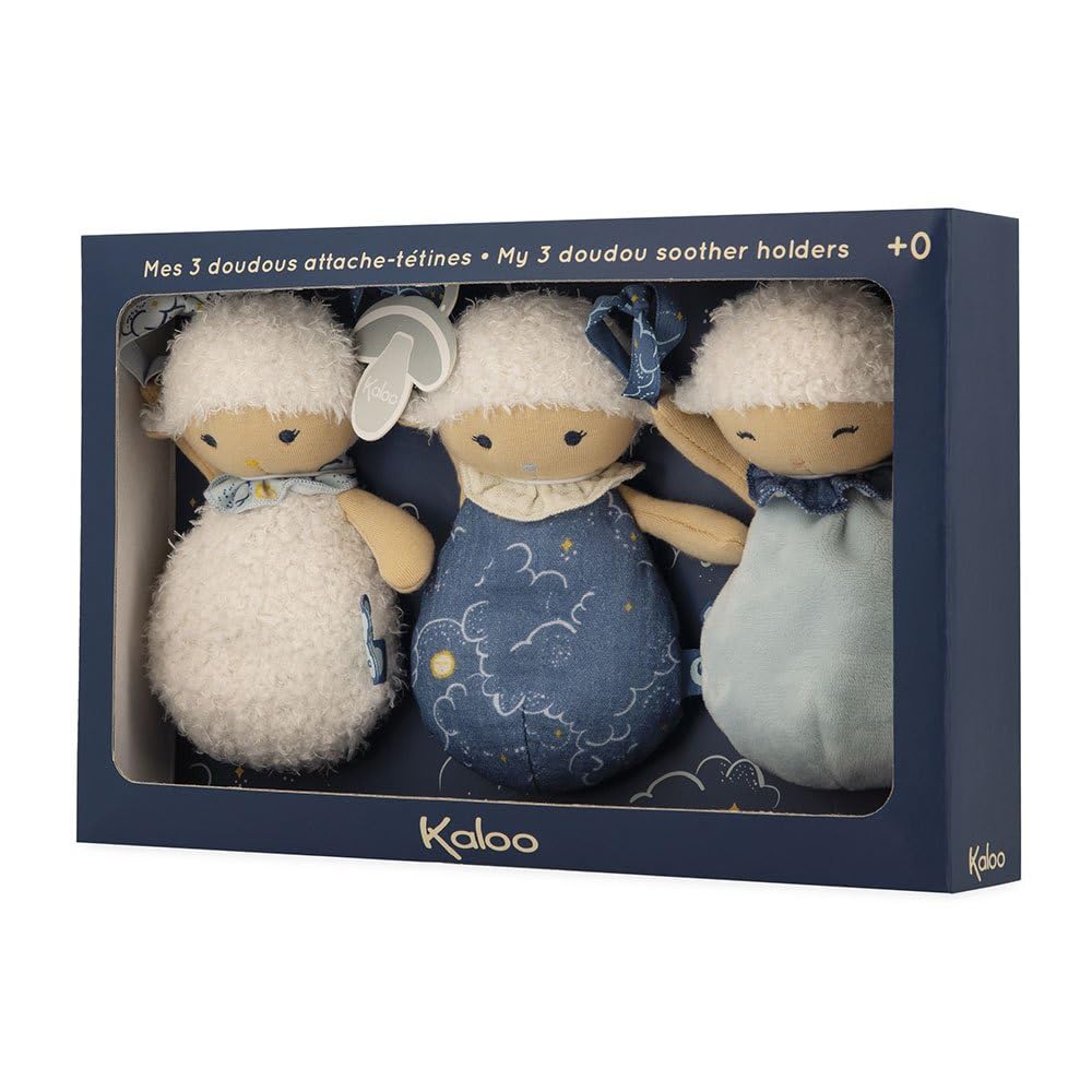 Kaloo - Doux Sommeil - 3 Plush Dummy Holders - 3 Little Sheep Cuddly Toys - Soother Strap for Babies - 15 cm - Blue and White - 0 Months +, K221001