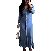 LAJIOJIO Sexy Long Sleeve Knit Sweater Dress, Winter Button V Neck Pleated Long Dresses for Women
