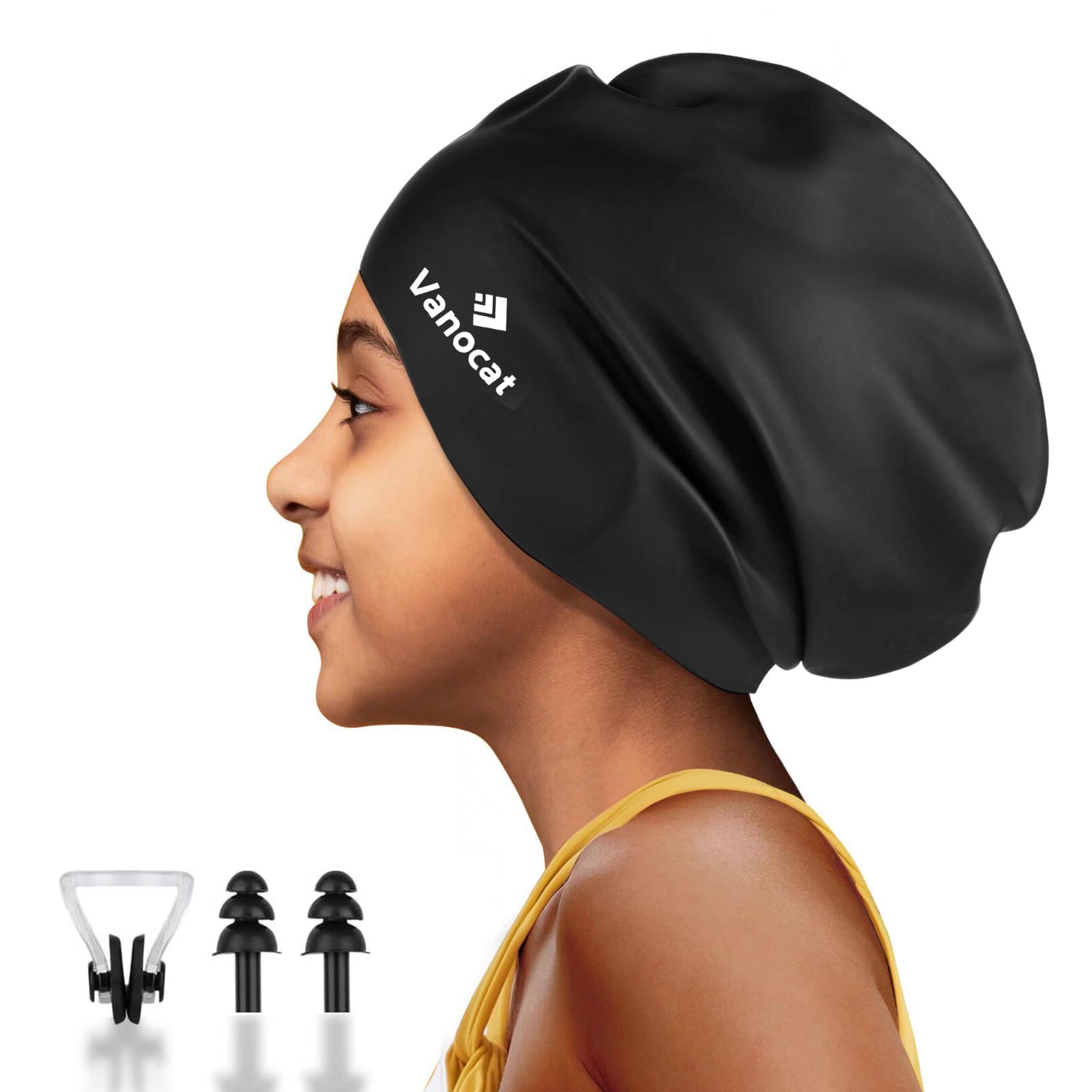 Vanocat Extra Large Kids Swimming Cap Long Hair, Waterproof Silicone Swimming Hat for Boys Girls Children Youth Teen, Swim Cap for Long Thick Curly Hair & Dreadlocks Braids Weaves Afro Hair（Black）