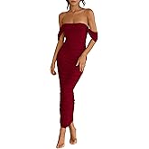 PRETTYGARDEN Womens 2026 Summer Off The Shoulder Dress Ruched Bodycon Sleeveless Split Cocktail Party Maxi Dresses