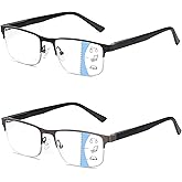 Missfive 2 Pack Mens Quality Progressive Multifocus Reading Glasses Blue Light Blocking, Man Spring Hinge No-Line Multifocal Readers Half Frame Metal Eyeglasses,Workspace For Near Range, 2.5x