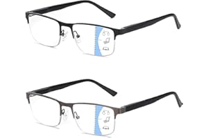 Missfive 2 Pack Mens Quality Progressive Multifocus Reading Glasses Blue Light Blocking, Man Spring Hinge No-Line Multifocal Readers Half Frame Metal Eyeglasses (Workspace For Near Range, 2.5x)