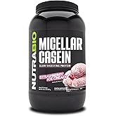NutraBio Casein Protein Powder, Micellar Casien Powder, 25g Slow Digesting Protein, Helps Keep You Full, Overnight Muscle Recovery & Growth, BCAA & EAA, Gluten Free, Soy Free, 2lb Strawberry Ice Cream