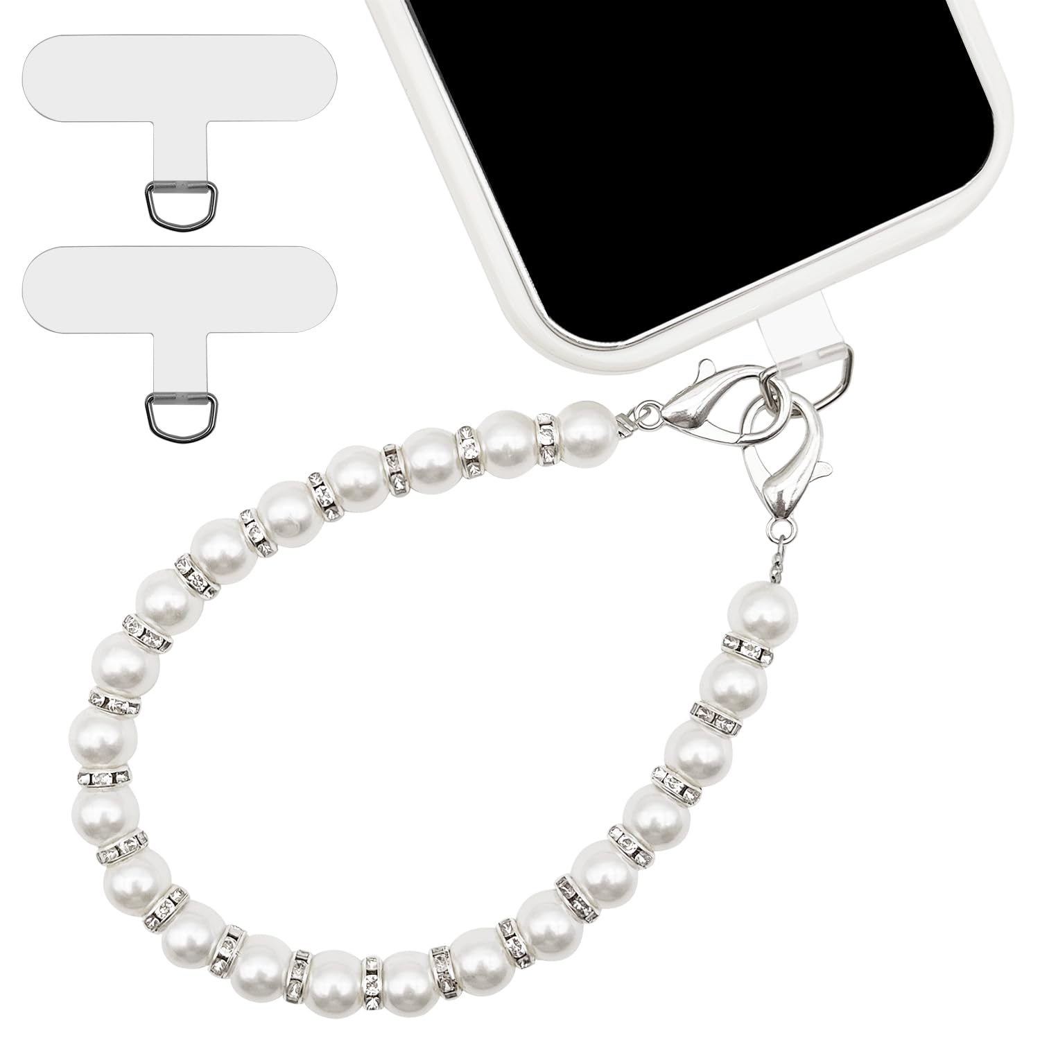 Pearl Phone Charm, Universal Cell Phone Lanyard, Beaded Smartphone Bracelet Wrist Strap with 2 Pcs Phones Patches, Cellphone Chain Wrist Strap, Cellphone Lanyard Beaded Bracelets for Women (Sliver)