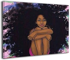 Canvas Wall Art African American Afro Black Girl Decor Frameless Paintings Pictures Modern Decorations for Living Room Bedroom Bathroom Home Decor for Living Room 40x50cm