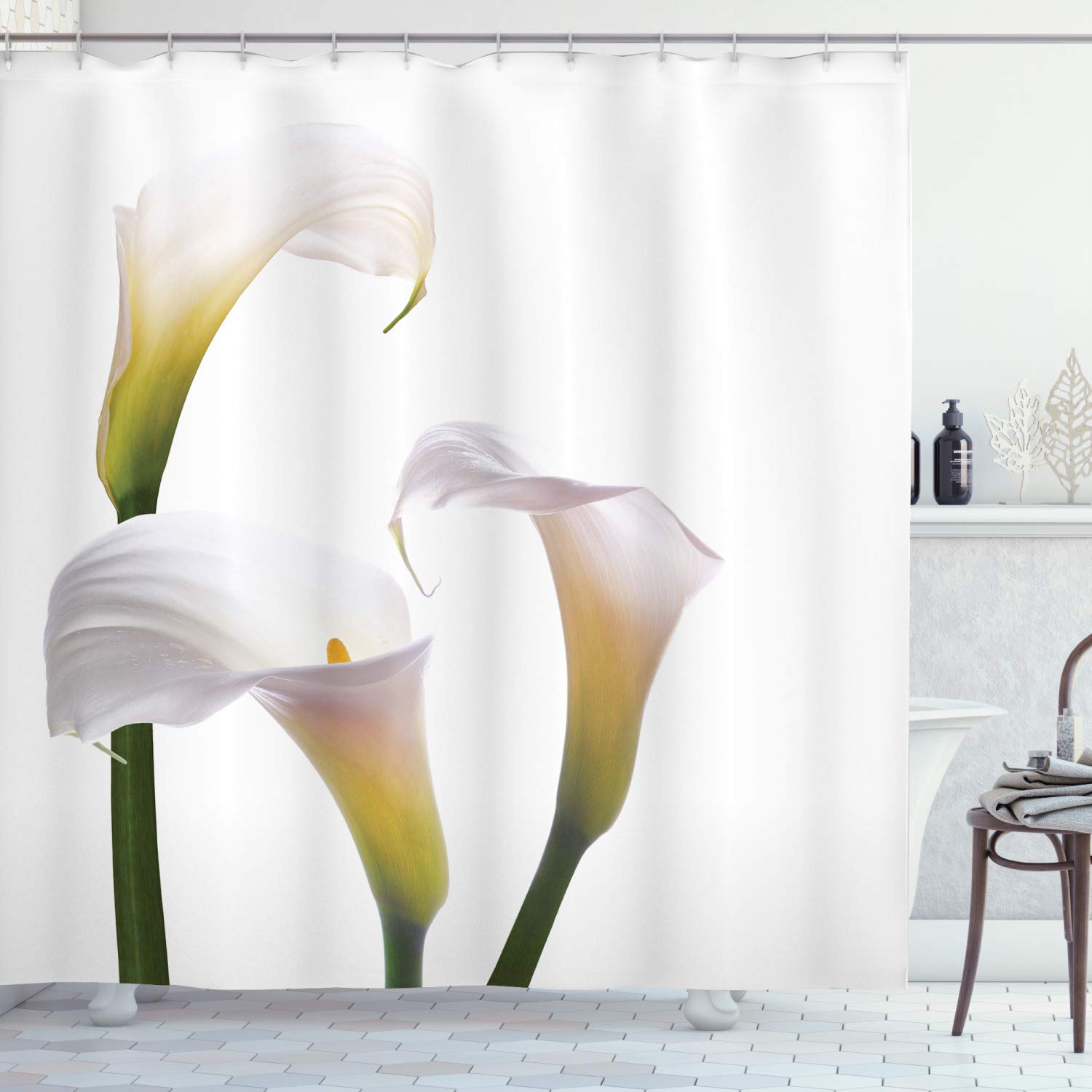 ABAKUHAUS Flower Shower Curtain, Flourishing Calla Lilies on White Fresh Spring Bouquet Gentle Nature Theme, Cloth Fabric Bathroom Decor Set with Hooks, 175 x 240 cm, Green White Yellow