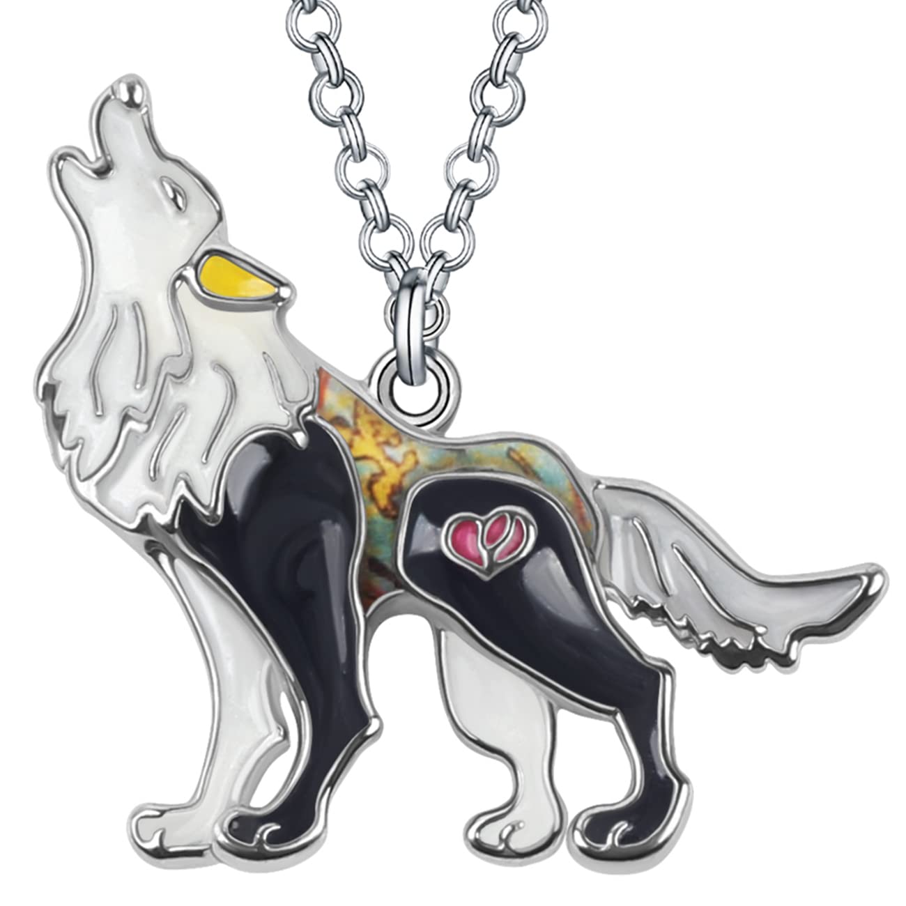 Enamel Alloy Wolf Necklace Pendant Fashion Jewelry Cute Charms Gifts for Women Girls (Black)
