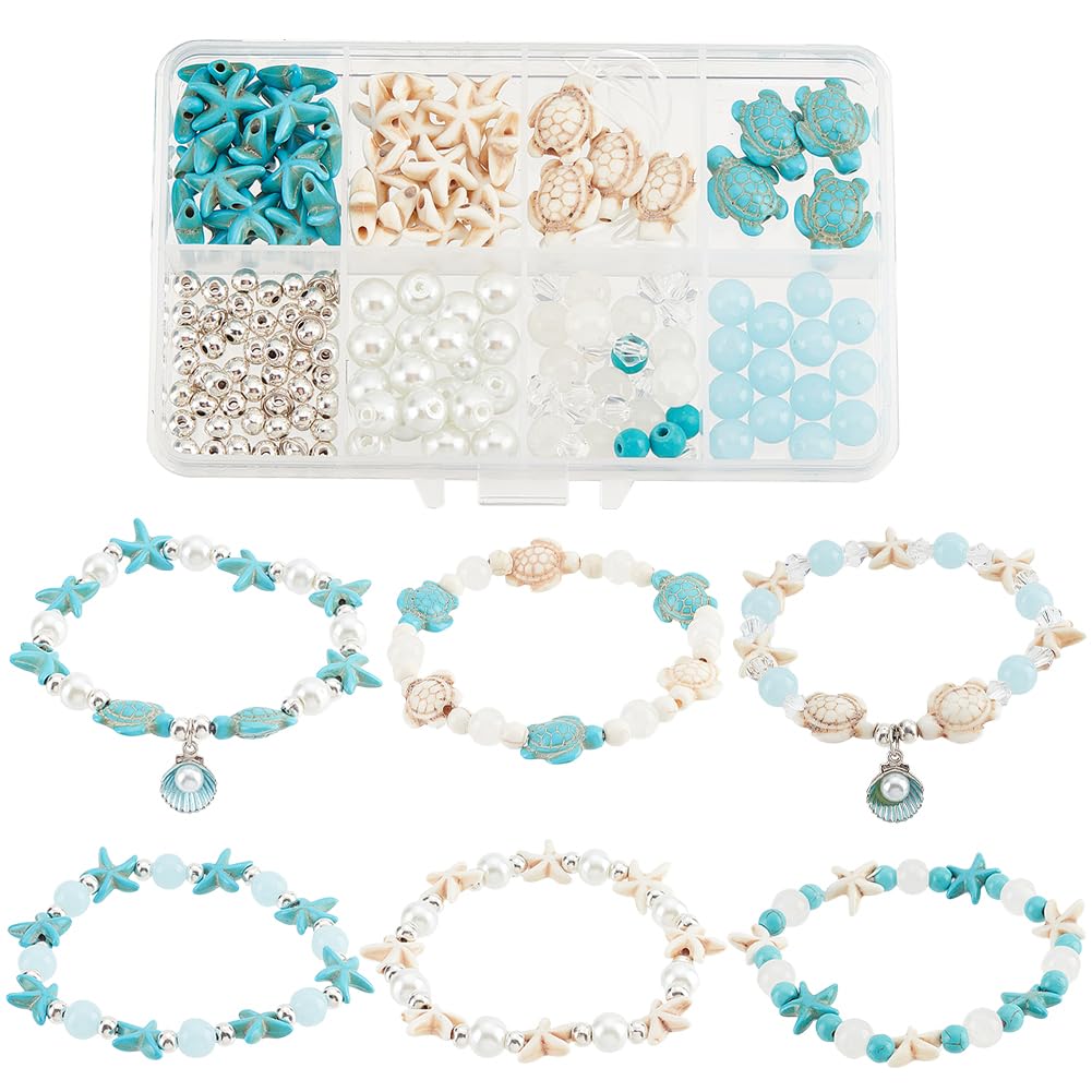 SUNNYCLUE 1 Box 6 Sets Ocean Anklet Bracelet Making Kit Turtle Beads Sea Animal Beads Summer Hawaii Blue Glass Bead Shell beads for jewellery Making Kits Handmade Gift Adult DIY Beading Craft Supplies