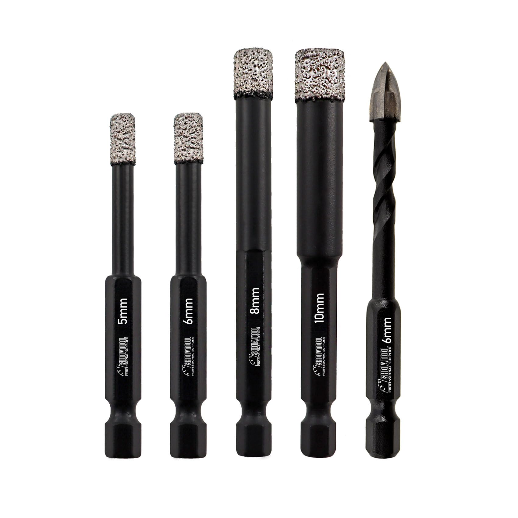 SHDIATOOL Porcelain Tile Diamond Drill Bits, 6/8/10/12mm Quick Change Shank Diamond Core Drill Bit with 1pc 6mm Carbide Triangular Drill Bit for Tile Ceramic Marble Granite Stone