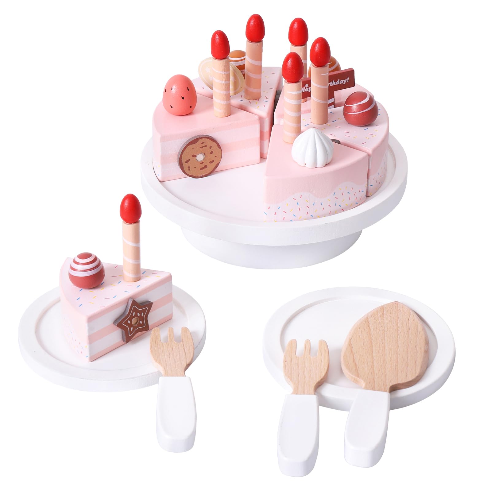 Photo 1 of Wooden Birthday Cake Toys, DIY Pretend Play Food for Kids, Tea Party Fake Cake with Candles Plates Fork and Knife for Toddlers Ages 3 4 5 6 7 Years Old Boys Girls Gifts