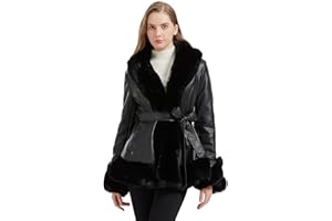 AOWITH Faux Leather Jacket for Women with Faux Fur Collar Long Sleeve Parka with Pockets Warm Winter Coat with Belt