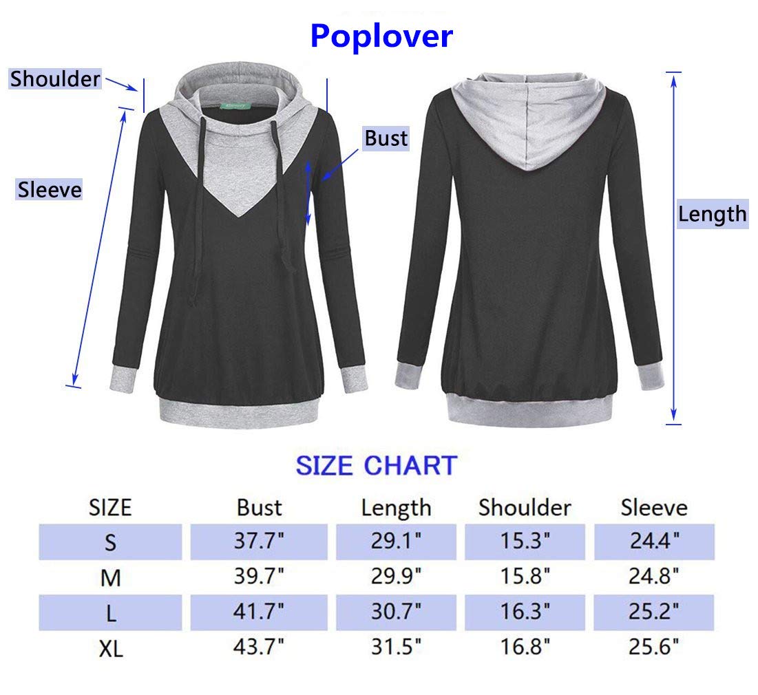 Poplover Womens V Neck Splice Hoodies Long Sleeve Pullover Casual Sweatshirt Black Medium