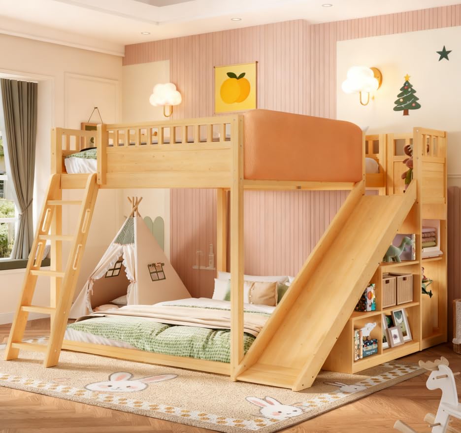 Photo 1 of *****UNKNOWN IF MISSING PARTS**** Bellemave Bunk beds Queen Over Queen with Slide and Stair and upholstered headboard, Low bunk/loft Bed for Kids?Natural