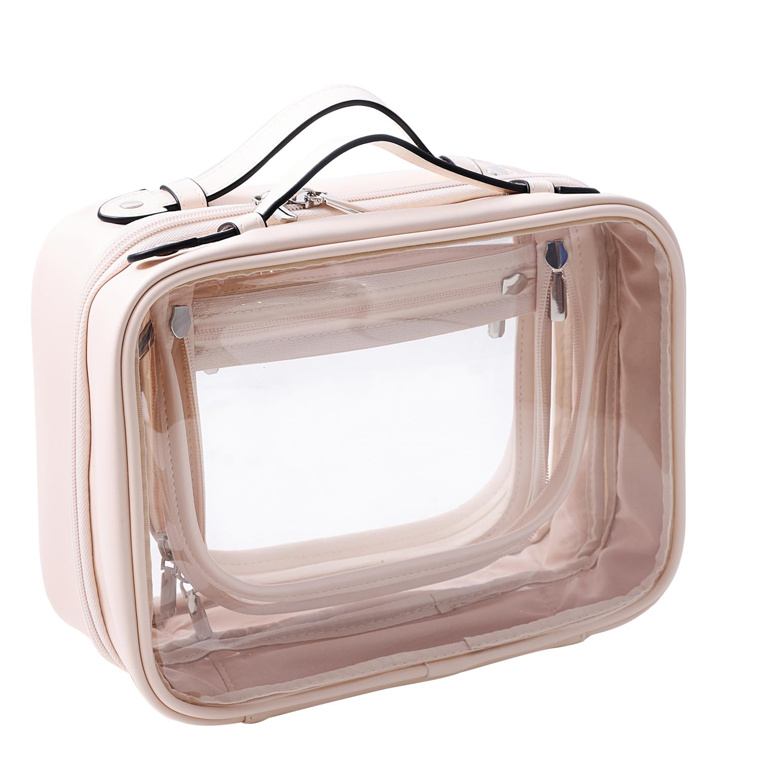 Photo 1 of ***(HEAVILY USED/ MINOR DAMAGE)***SANHECUN traveling toiletry Case large clear cosmetics case makeup bag Dimensions | LxWxH:10” x 4.5” x 7.5”(Beige, Medium)