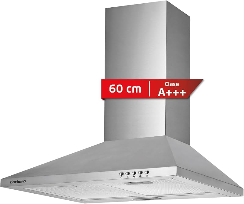 Corberó - Extractor de Pirâmide 60 cm | TEIDE636X |375,4 m3/h | 57db | 36,5 W | 3 velocidades | Controlo por botão de pressão | 2 filtros de alumínio + filtro de carvão | Aço inoxidável