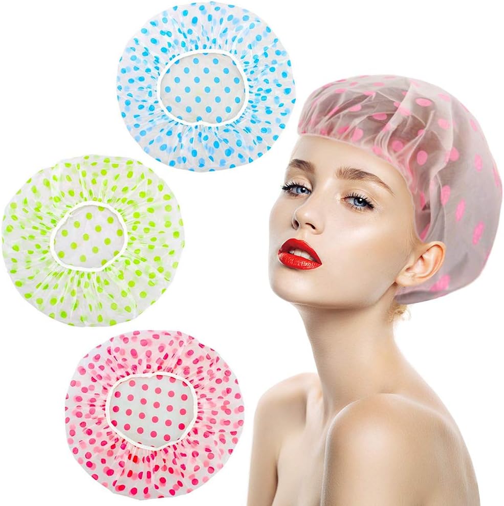 Shower Caps 3 Packs, Waterproof Shower Cap for Women Reusable Shower Hat Bath Caps with Elastic Band
