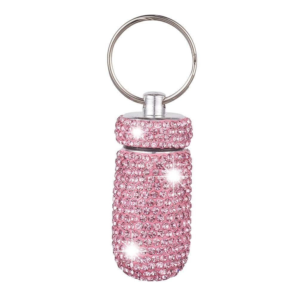 XhuangTech Waterproof Keychain Pill Box Bling Round Medicine Organizer Holder Container Aluminum Portable Mini Bottle Storage Case for Outdoor Travel Camping Purse Pocket (Pink)
