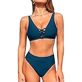 CUPSHE Women's Bikini Sets Two Piece Swimsuit Deep V Neck Cutouts Bathing Suit Mid Rise Full Coverage Back Hook