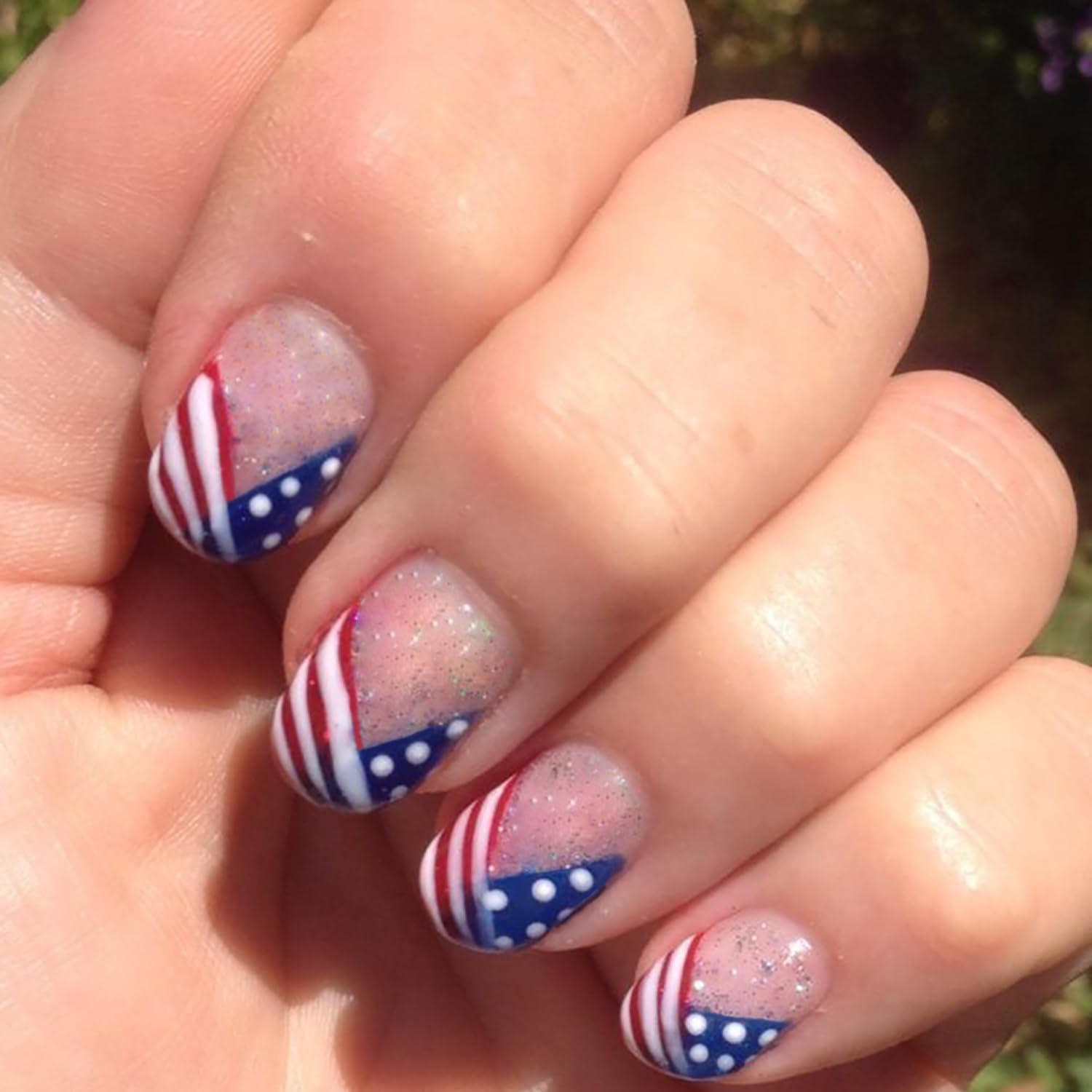 Photo 1 of 24Pcs 4th of July Press on Nails Short Oval Fake Nails with American Flag Patriotic Design French Tip False Nails Glitter Nails Press ons Full Cover Glue on Nails for Women DIY Artificial Nails