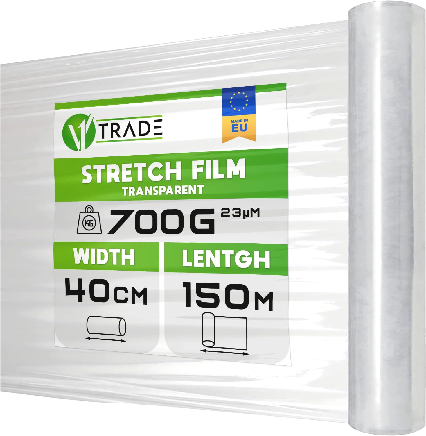 V1 Trade shrink wrap pallet film 150m x 40cm – stretch wrap for furniture – moving packaging roll – 23 micron industrial cling film – clear wrapping film for packing