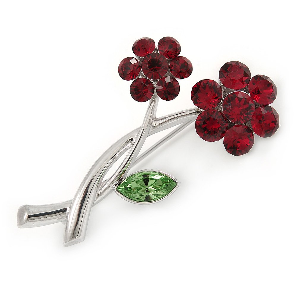 Two Cranberry/Green Crystal Daisy Flowers Brooch In Rhodium Plating - 47mm L