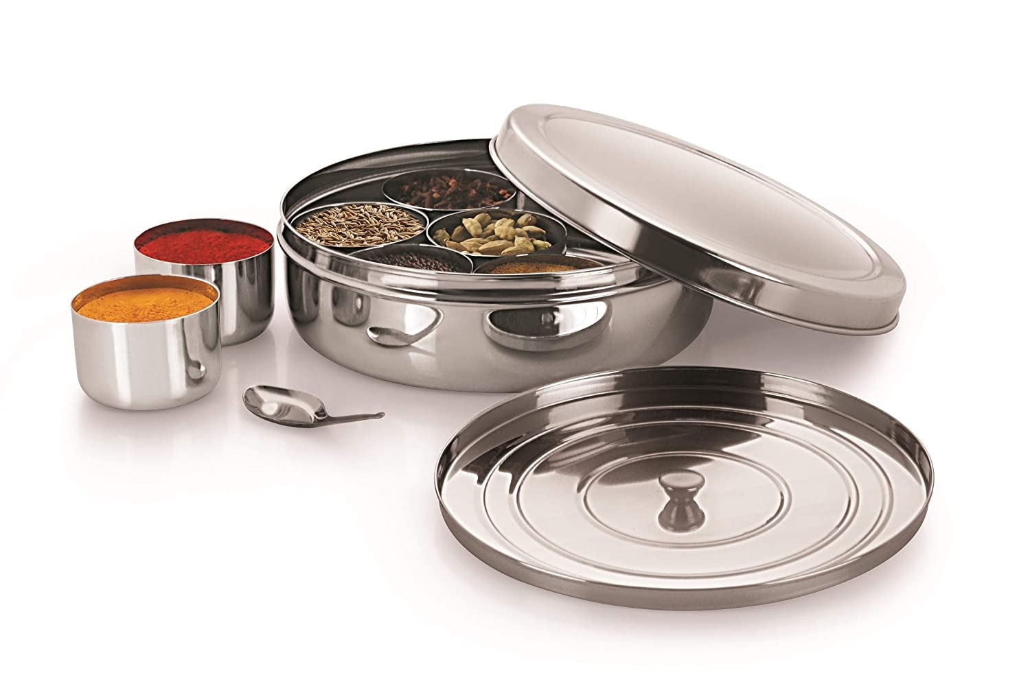 Stainless Steel Masala Dabba – 8x8 inch Indian Spice Box with 7 Compartments for Kitchen Storage