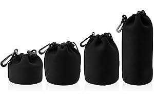 4pcs Camera Lens Bag, 4 Sizes Drawstring Lens Pouch with Thick Protective Neoprene Black Camera Lens Case Bag for Canon, Niko