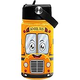 School Bus Water Bottle - Kids Water Bottle with Straw Lid - 12 Oz Insulated Stainless Steel Water Bottles for Kid Boys - Travel Cup for School Sports