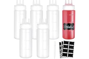 GTILE 6 PCS 300ml/10oz Plastic 3 Hole Squeeze Bottle with 24 Stickers and 1 Mark Pen, Condiment Squeeze Bottles, Tomato Sauce