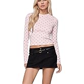 Ceputer Women Polka Dot Long Sleeve Crop Tops Slim Fit Crew Neck Casual T Shirts Fall Basic Going Out Top