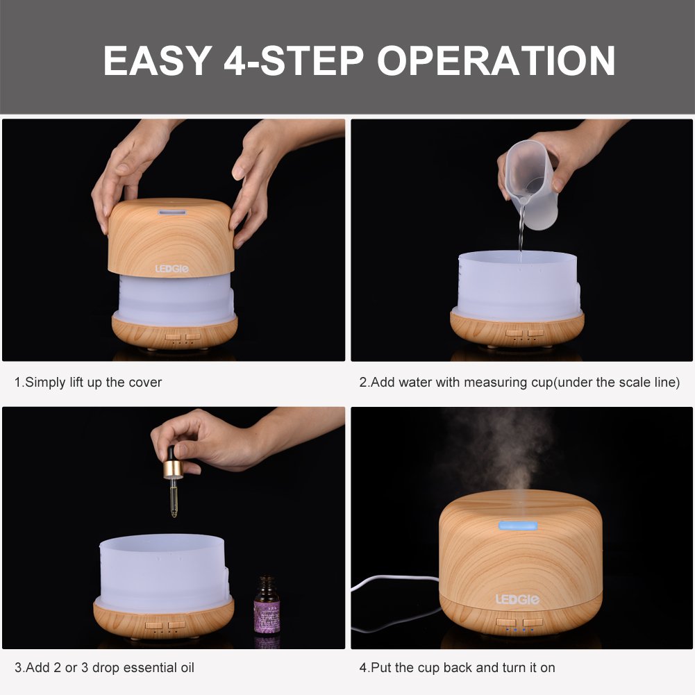 Ledgle Wood Grain Essential Oil Aroma Diffuser Whisper Quiet Cool Mist Air Purifier Ultrasonic Humidifier with 7 Color LED Lights Changing and 4 Timer Settings, Waterless Auto Shut-off - 400ml …