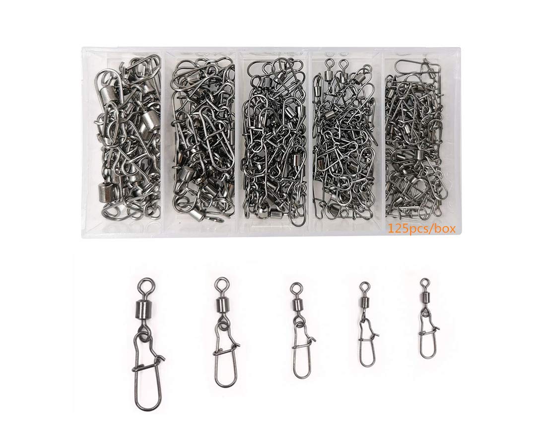 Milepetus 125pcs/Box Fishing Swivel Snap, High-strength Stainless Steel Lure Connectors, Multiple Sizes (#2, #4, #6, #8, #10), Ideal for All Fishing Needs