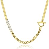 DASIQI Golden Titanium Steel Women Necklace, 16 inches, Spliced Necklace, Herringbone Cuban Chain with Cubic Zirconia.