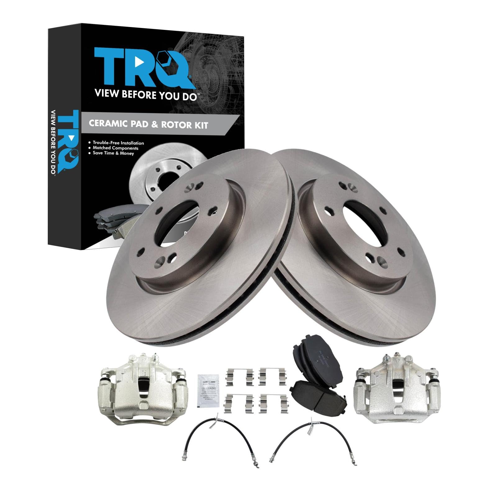 TRQ Front Brake Pad and Rotor Set Ceramic Calipers Hoses Compatible with 2010-2012 Hyundai Elantra Image