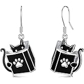 Flpruy Cat/Guinea Pig/Panda/Pig/French Bulldog Earrings Sterling Silver Animal with Book Earrings Dangle Cartoon Anime Earrings Cute Animal Jewelry Gifts for Women Teacher