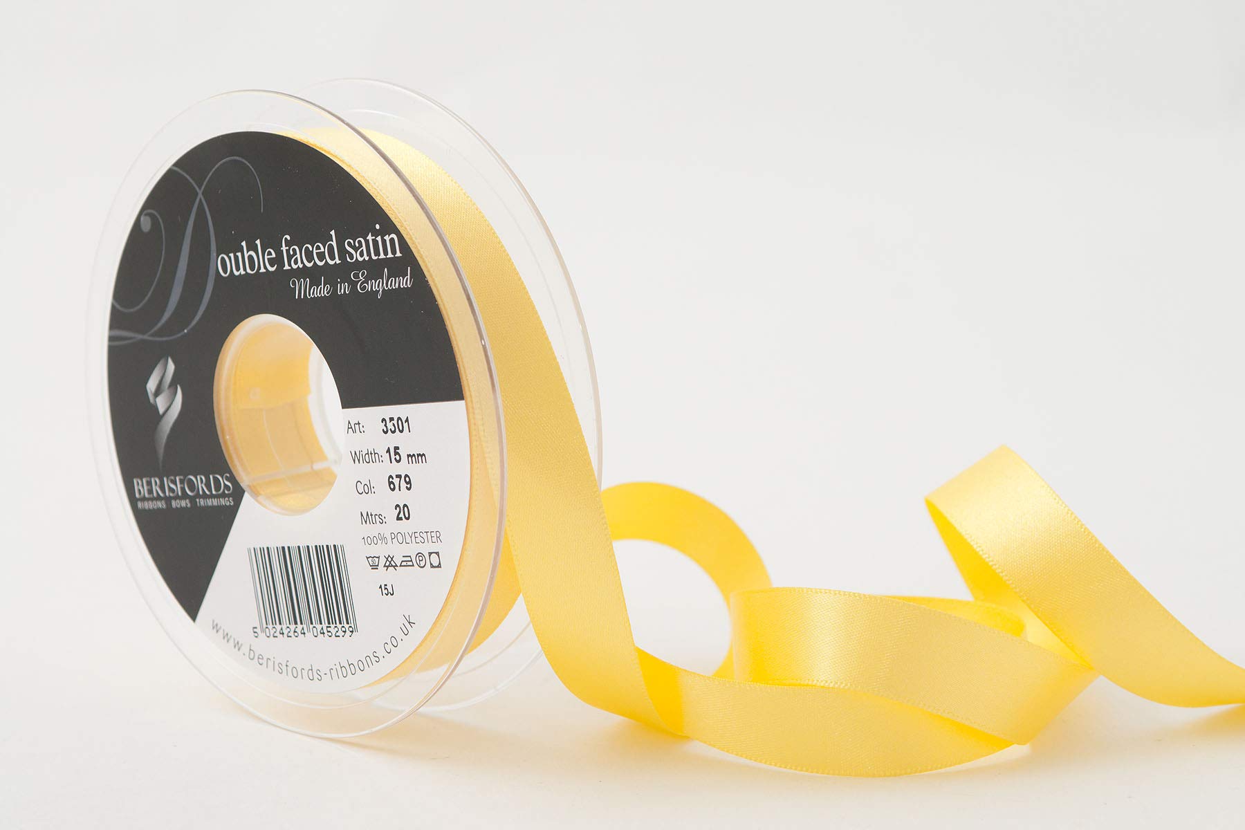 Berisfords Double FACE Poly Satin Ribbon, Yellow, 15 mm