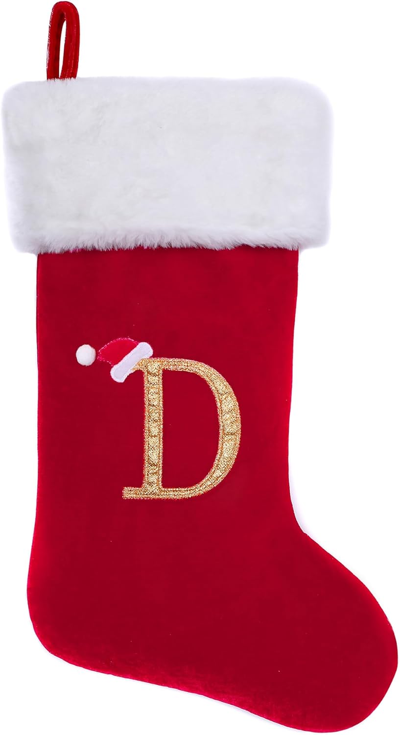 Stockings & Holders - CHOTONIC 20 Inches Red Velvet with White Super Soft Plush Cuff Monogram Initial Christmas Stockings Embroidered with Gold Letter Stockings Xmas Tree Decorating Supplies Festival Creative Decorative