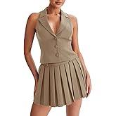 Cicy Bell Womens Summer 2 Piece Outfits V Neck Blazer Vest Matching Sets and Mini Pleated Skirts
