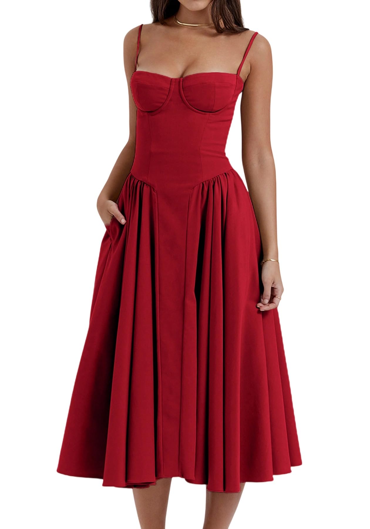 Photo 1 of *** UNKNOWN SIZE*** SHINFY Womens Summer Corset Midi Dress Spaghetti Strap Bustier A-Line Flowy Sundress Formal Cocktail Vacation Dress Red