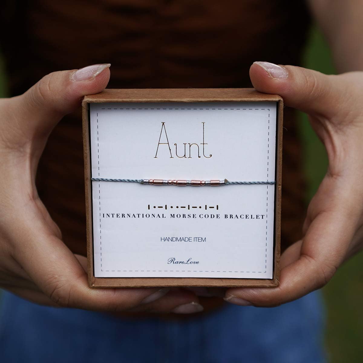 RareLove Aunt Morse Code Bracelets Best Aunt Christmas Gift Women Girls Rose Golden Beads Grey String Bracelet: Clothing