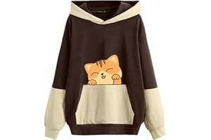 GOFLIC Sweatshirts for Women Trendy,Teen Girl Cute Cat Print Sweatshirt Long Sleeve Hoodies Color Block Hooded Fall Clothes