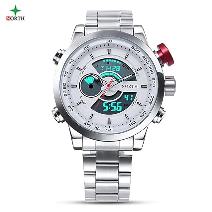 Dilwe Mens Analogue, Digital and Chronograph Dual Display Round Quartz Wristwatch with Stainless Steel Strap
