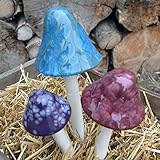 Mushroom Ceramic Garden Stakes - 3 Handmade Outdoor Ornament Decor - Made In USA - Toadstools For Lawns, Planters, Gardens, Yards. Colors: Purple, Blue, and Pink
