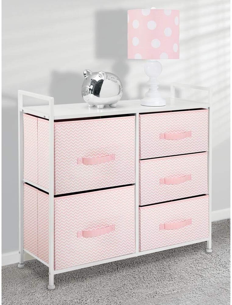 mDesign Wide Dresser Storage Tower Furniture - Metal Frame, Wood Top, Easy Pull Fabric Bins - Organizer for Kid's Bedroom, Hallway, Entryway, Closets, Dorm - Chevron Print, 5 Drawers - Pink/White: Home & Kitchen