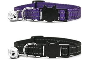HUIMALL 2 Pack Cat Collar with Bell, Reflective Collars Adjustable Pet Kitten Necklace Purple Kitty Breakaway Buckle Nylon Sa