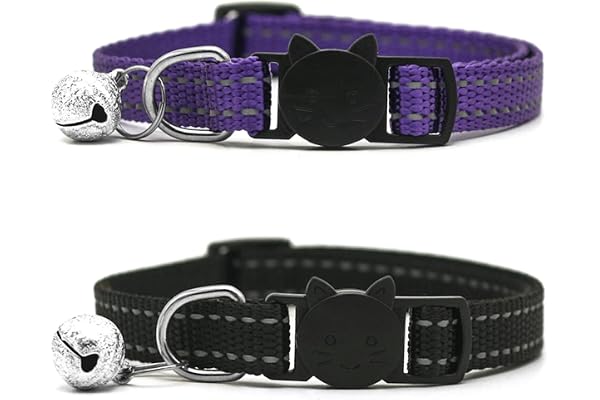 HUIMALL 2 Pack Cat Collar with Bell, Reflective Collars Adjustable Pet Kitten Necklace Purple Kitty Breakaway Buckle Nylon Sa